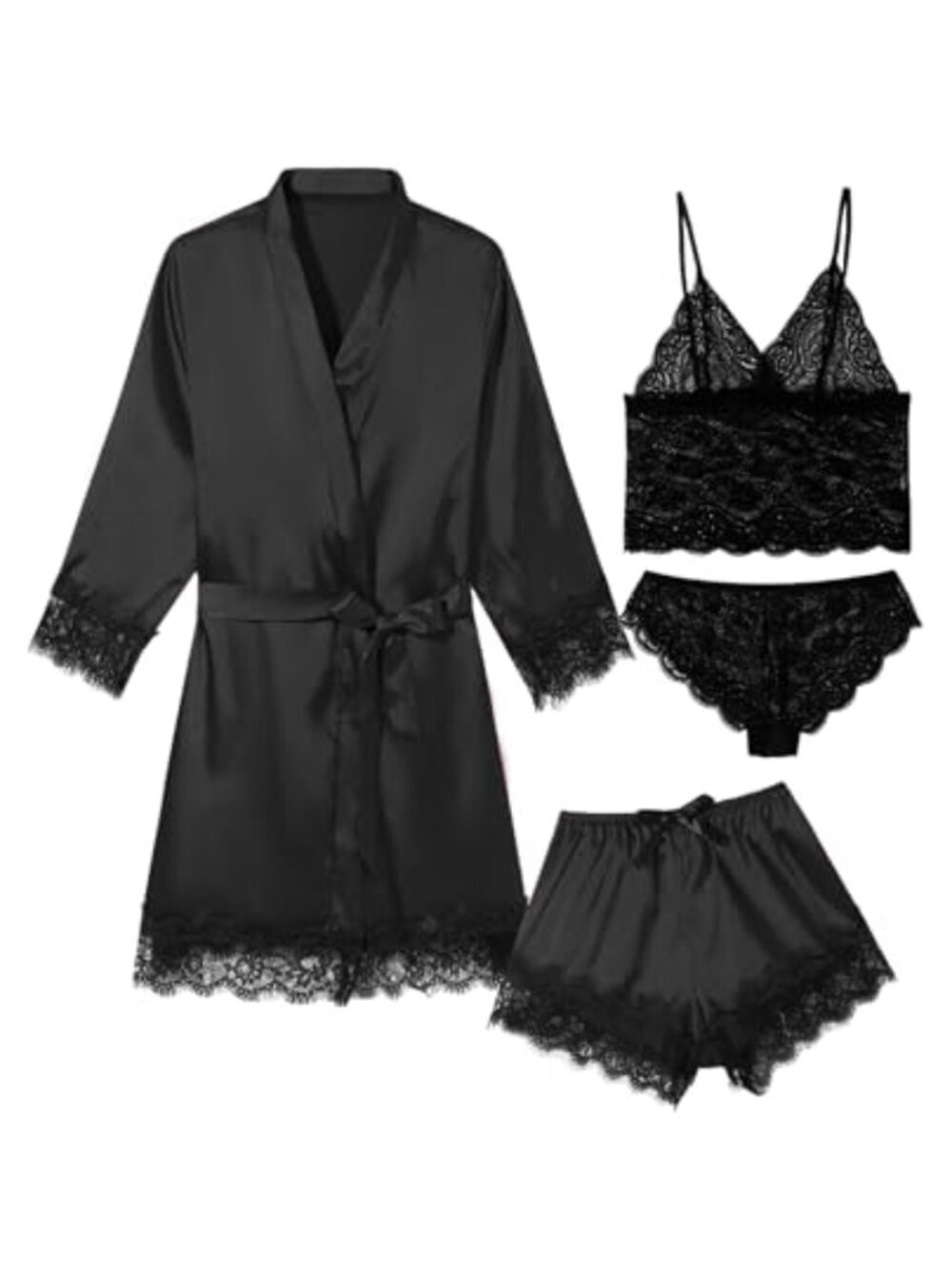 4 Piece Satin Silk Pajama Set Lace Cami Shorts Robe Belt Lingerie Sleepwear